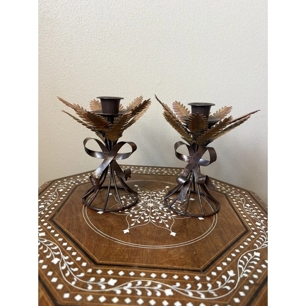 Pair Of Rustic Metal Coppertone Harvest Wheat Taper Candle Holders Fall Decor